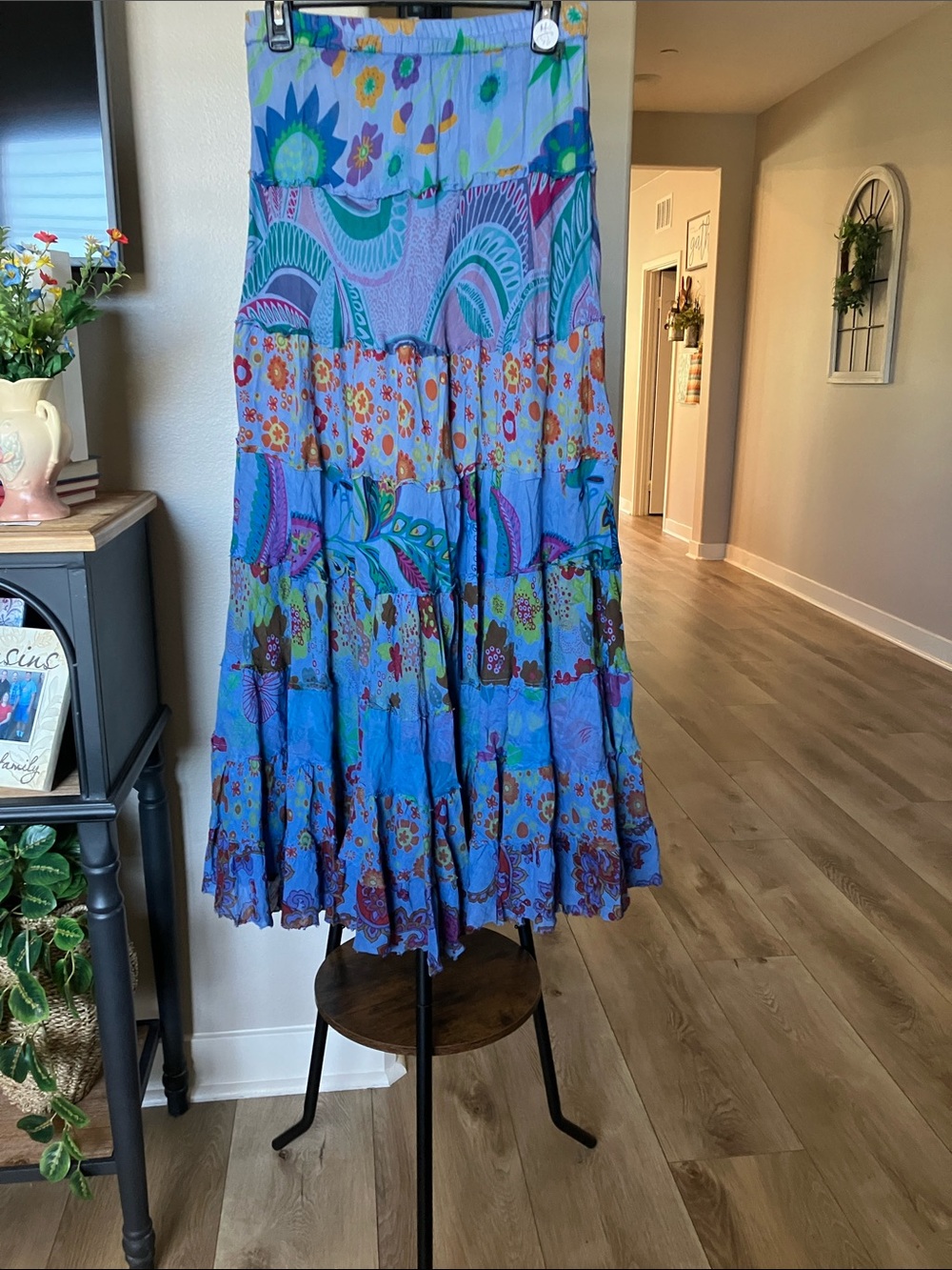 Derek Heart Bohemian Tiered patchwork 
Maxi skirt Blue Floral Maxi